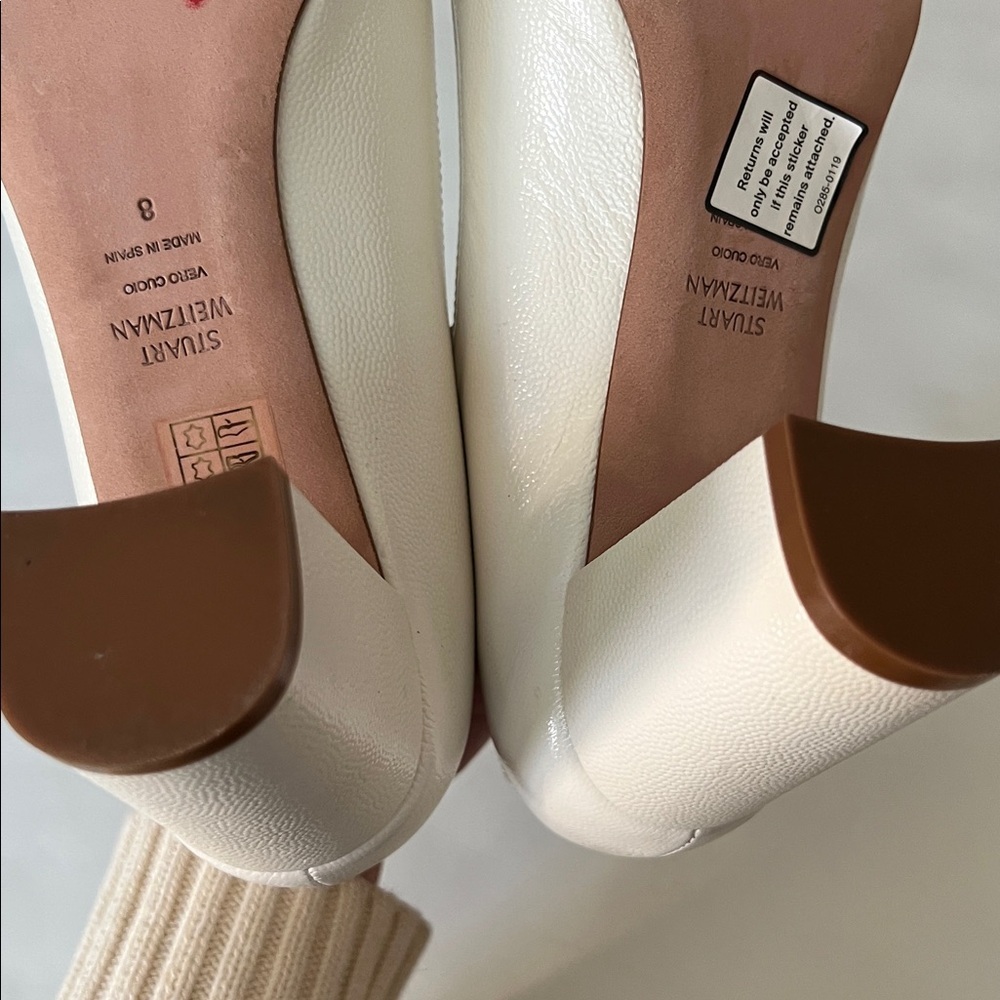 STUART WEITZMAN Laney Pointed Toe Block Heel Pebbled Leather Pumps Ivory 8 - Picture 7 of 9